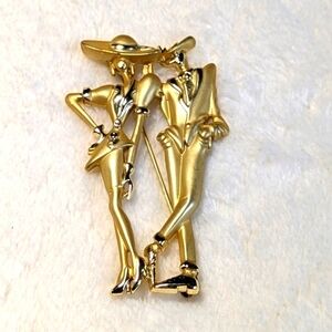 Vintage 80"s Goldtone Man and Woman Fashionista Couple Brooche